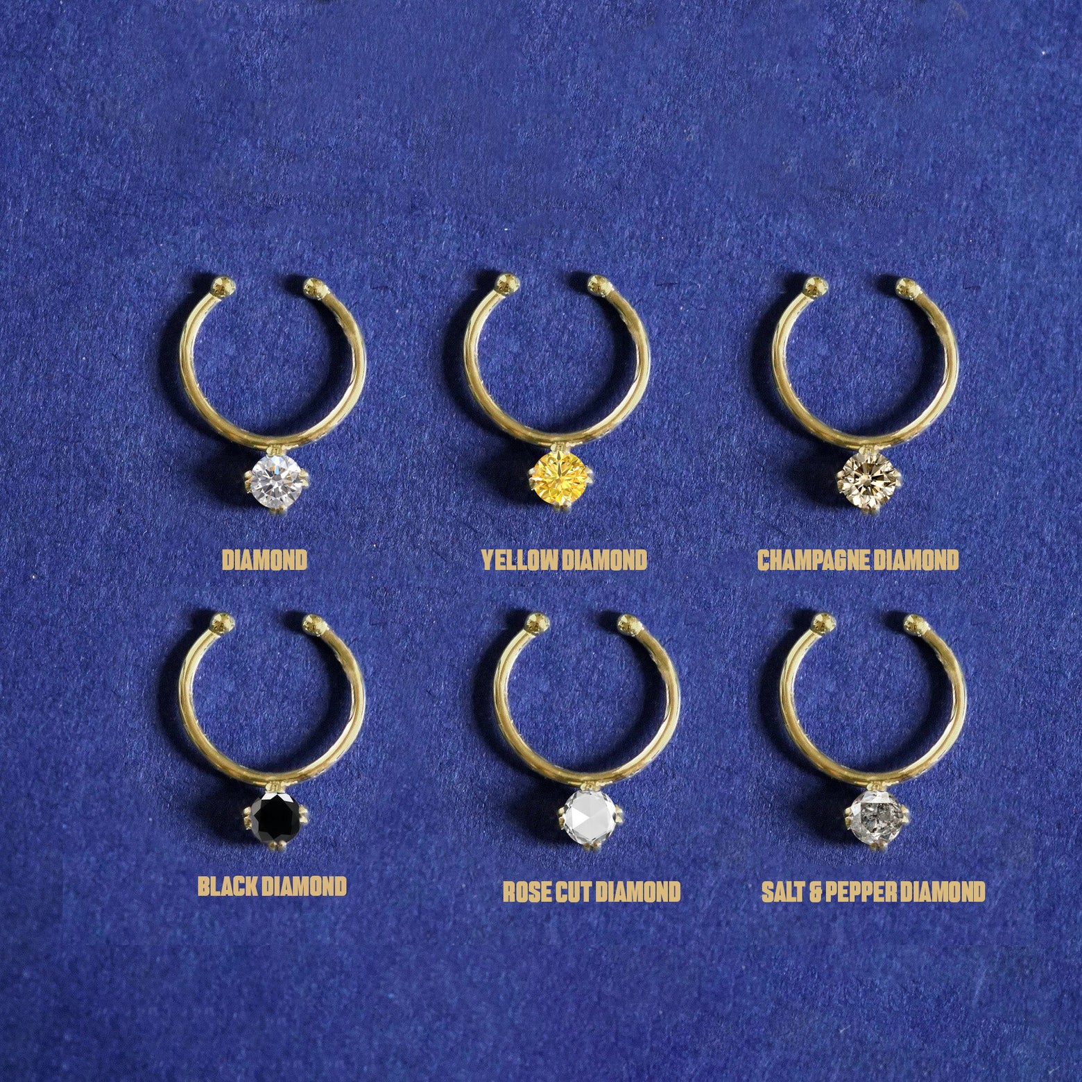 Six versions of the Diamond Septum shown in options of clear, yellow, champagne, black, rose cut, and salt and pepper diamond