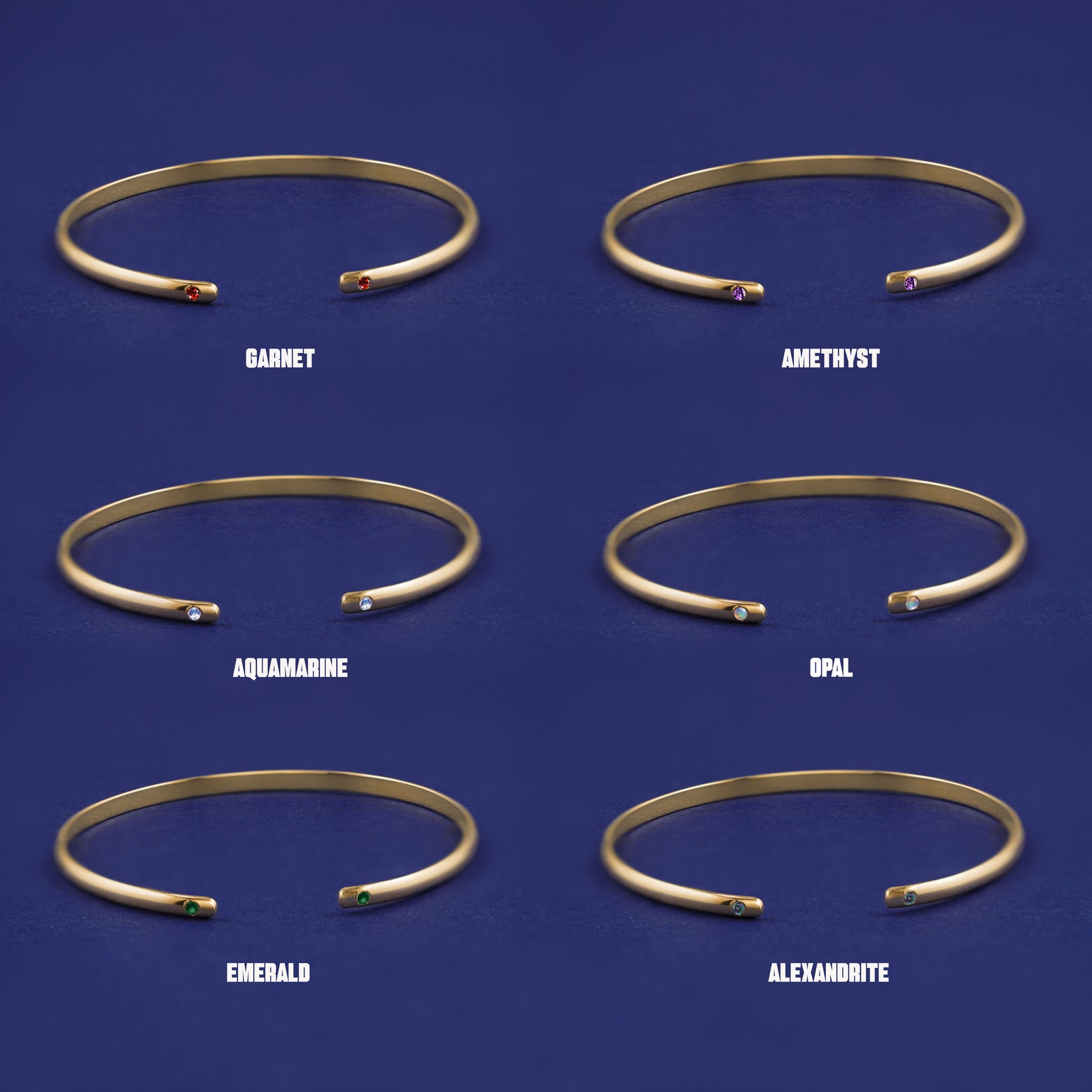 Six versions of the solid yellow gold Gemstone Open Bangle showing 6 different stone options