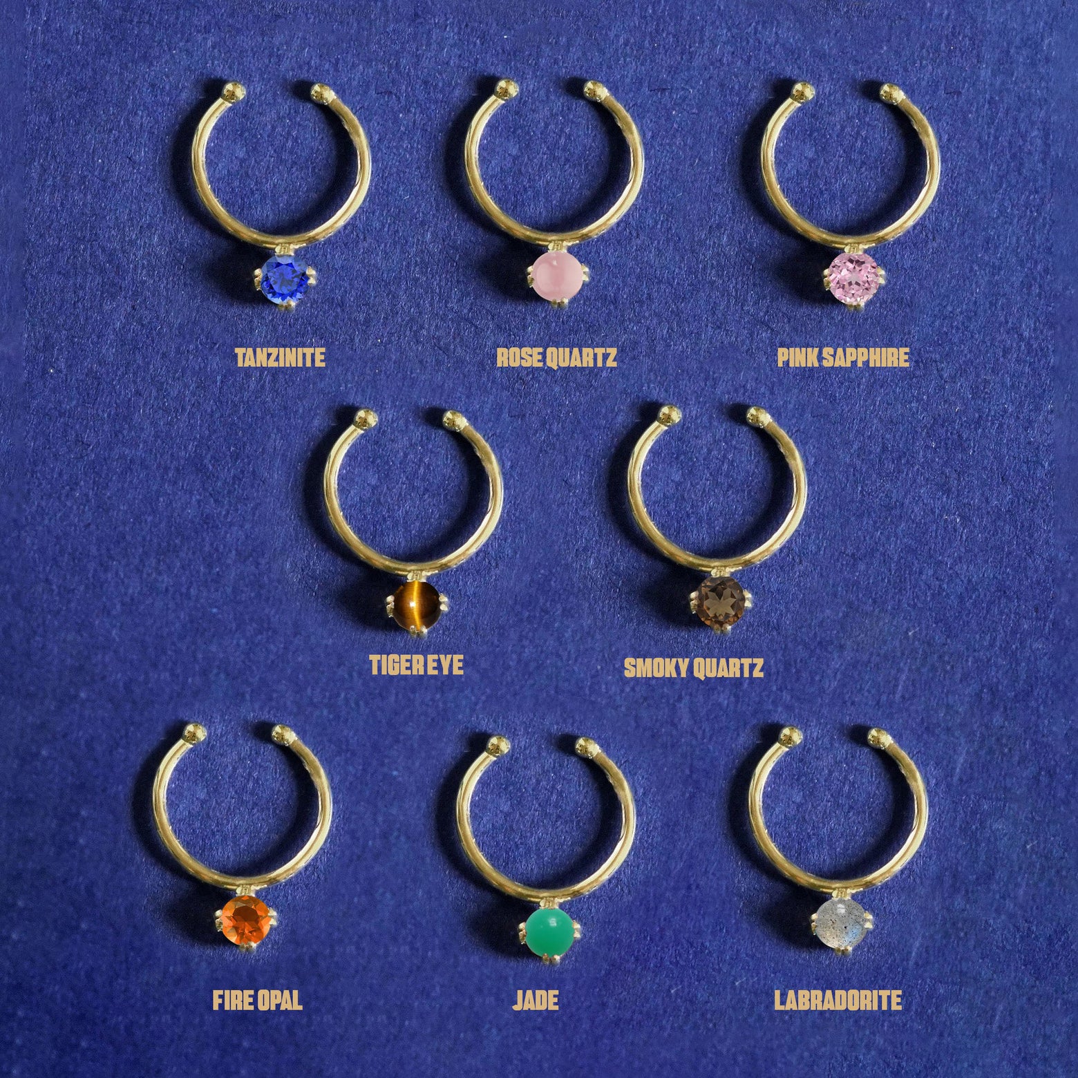 Eight Gemstone Septums in Tanzanite, Rose Quartz, Pink Sapphire, Tiger Eye, Smoky Quartz, Fire Opal, Jade, and Labradorite