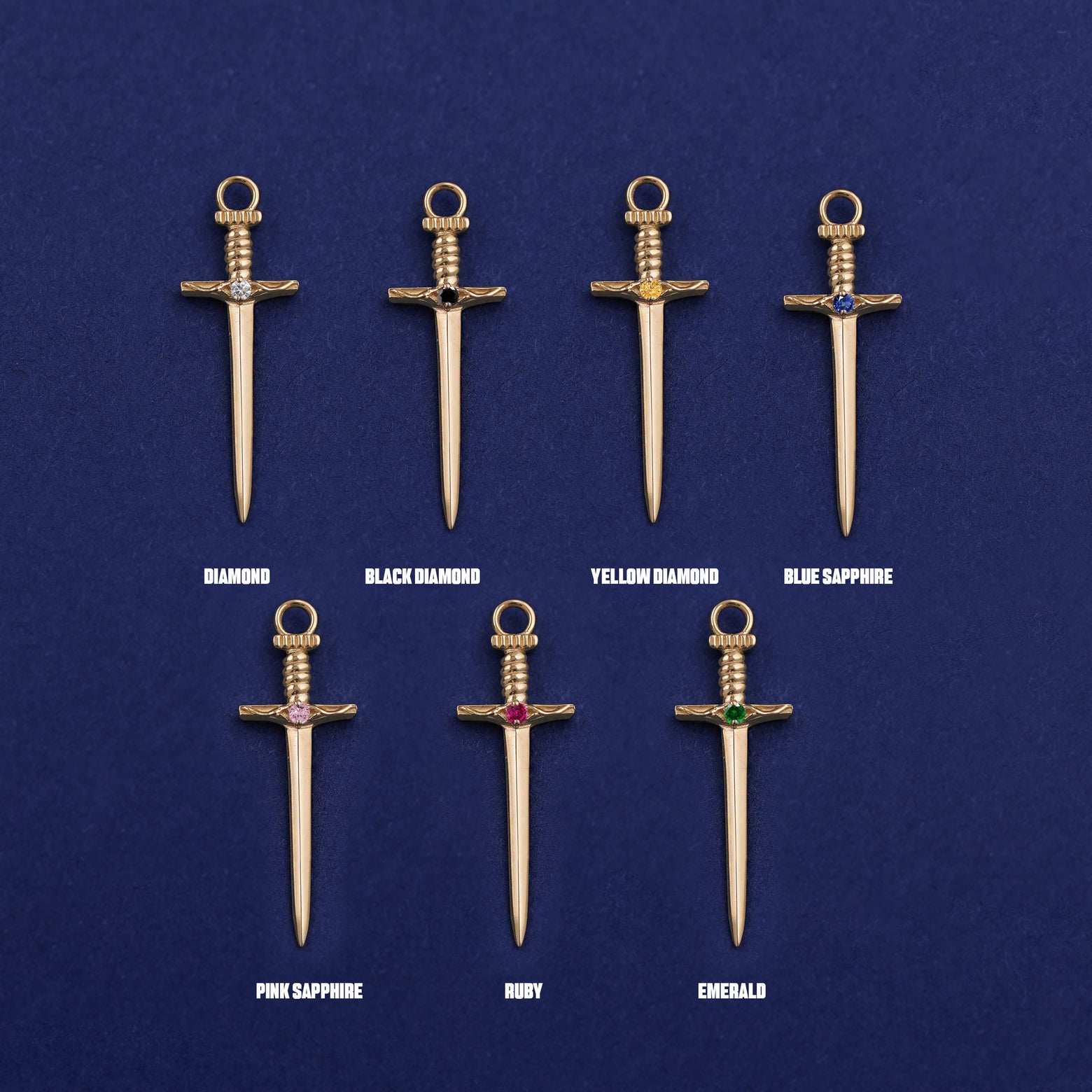 Seven versions of the Sword Charm showing all the gemstone options laid out on a dark blue background