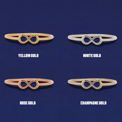 Four versions of the Infinity Ring shown in options of yellow, white, rose, and champagne gold
