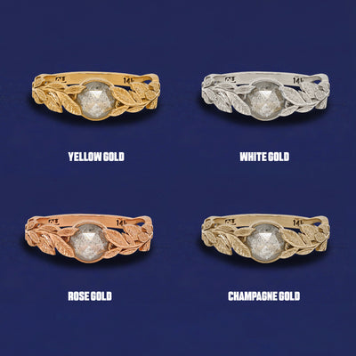 Four versions of the Diamond Leaves Ring shown in options of yellow, white, rose, and champagne gold