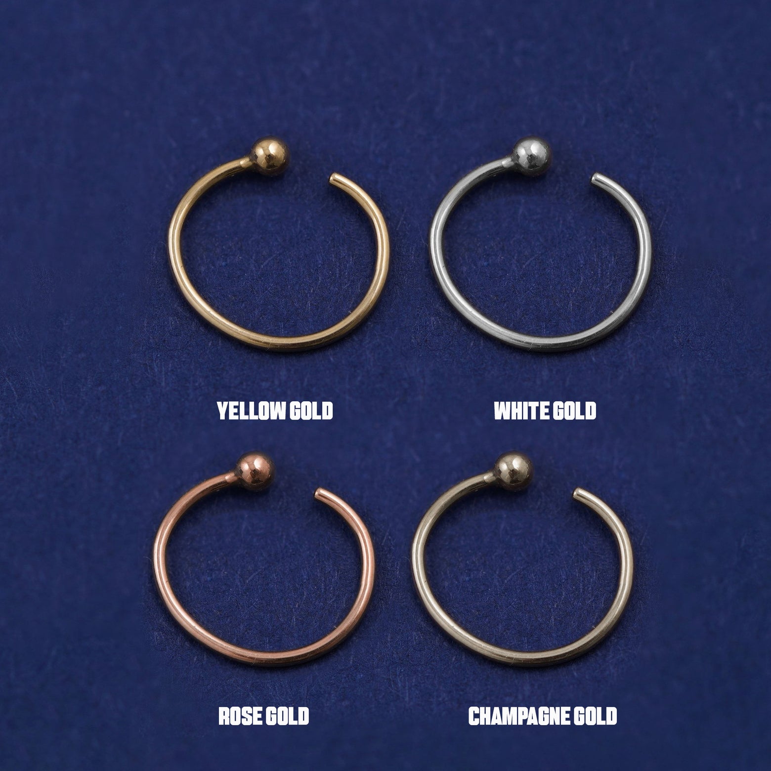 Four versions of the Nose Ring Hoop shown in options of yellow, white, rose and champagne gold