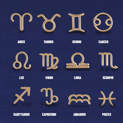 Twelve versions of the Horoscope Earring showing all of the zodiac symbol options