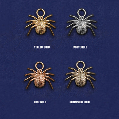 Four versions of the Spider Charm shown in options of yellow, white, rose and champagne gold