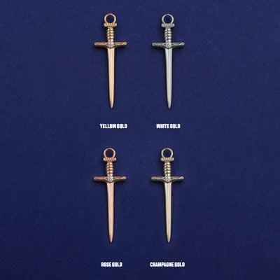 Four versions of the Sword Charm shown in options of yellow, white, rose and champagne gold