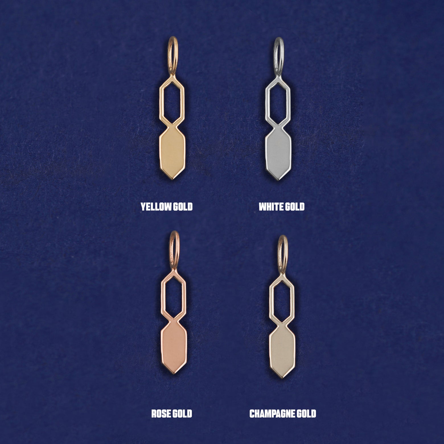 Four versions of the Tanlah Charm shown in options of yellow, white, rose and champagne gold