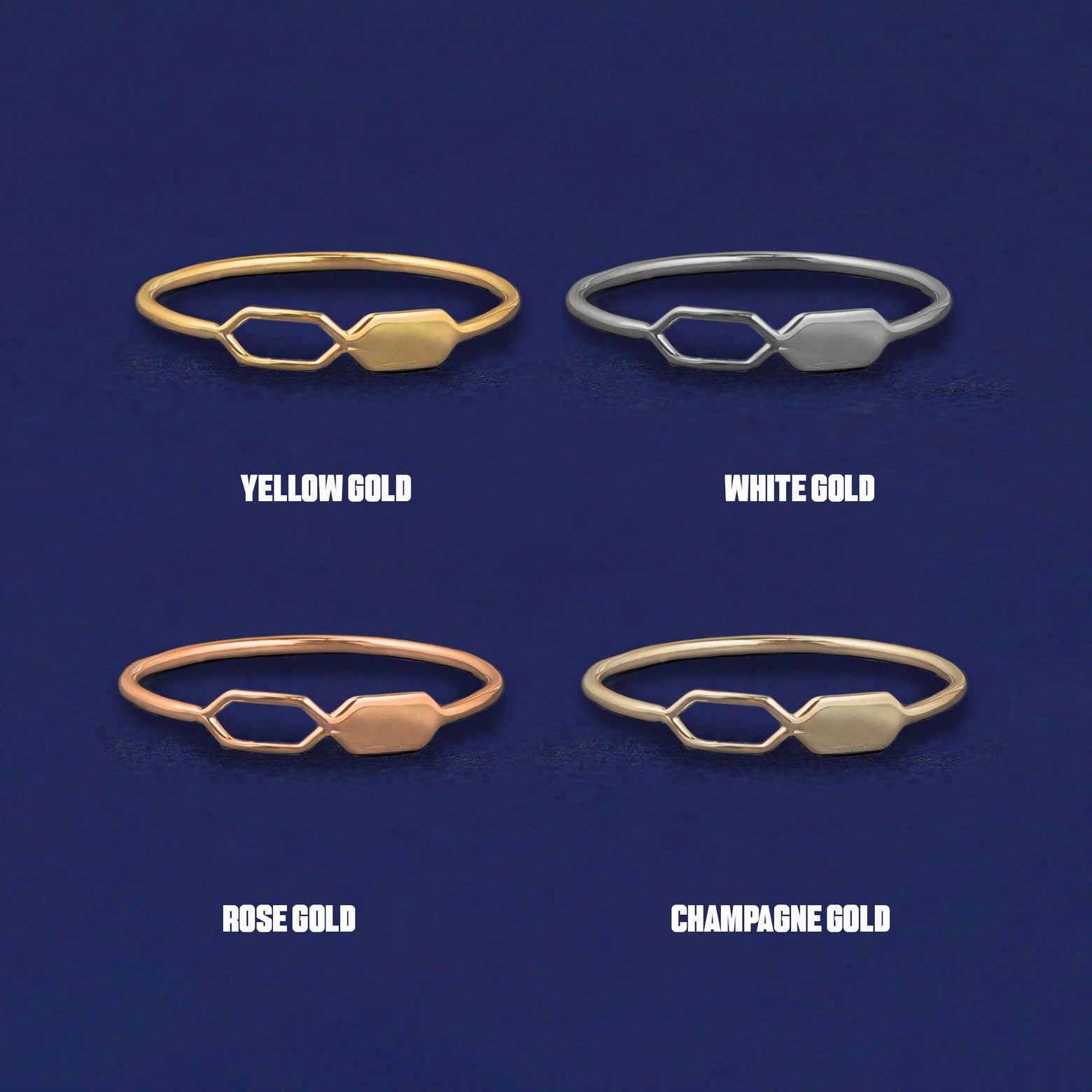 Four versions of the Tanlah Ring shown in options of yellow, white, rose and champagne gold