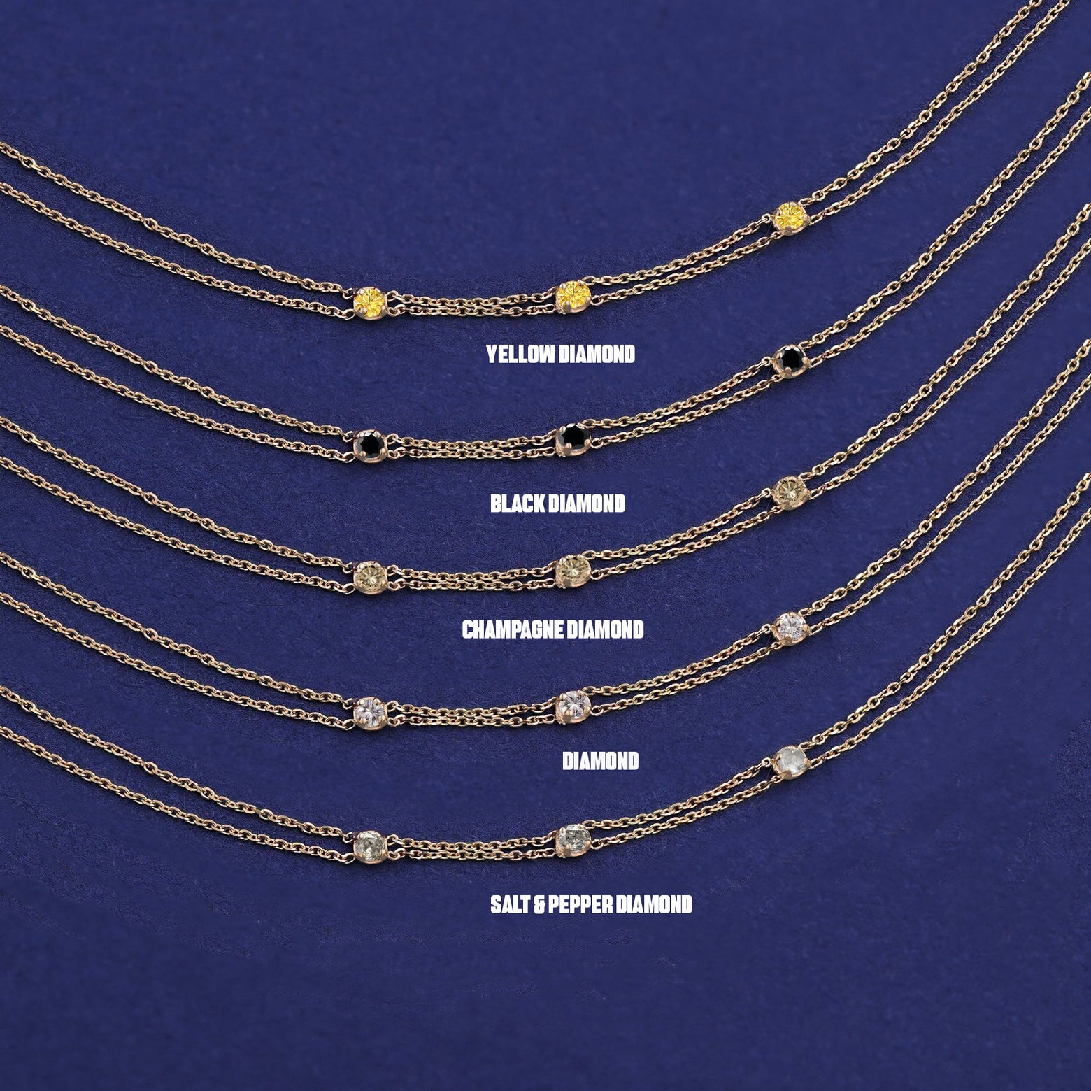 Five versions of the 3 Diamond Cable Bracelet showing Yellow, Black, Champagne, Clear, and Salt and Pepper diamonds