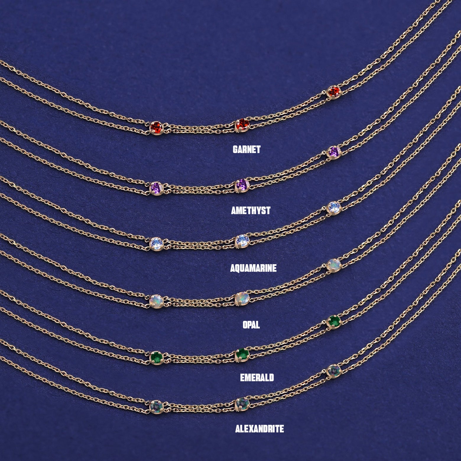 Six versions of the solid yellow gold 3 Gemstone Cable Bracelet showing different stone options