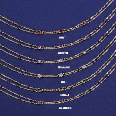 Six versions of the solid yellow gold 3 Gemstone Cable Bracelet showing different stone options