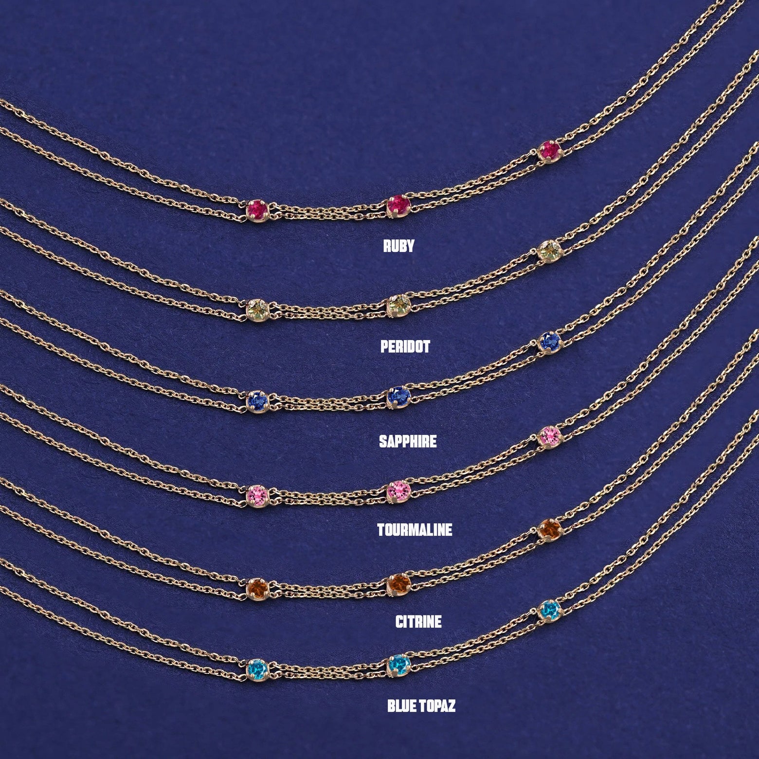 Six versions of the solid yellow gold 3 Gemstone Cable Bracelet showing different stone options