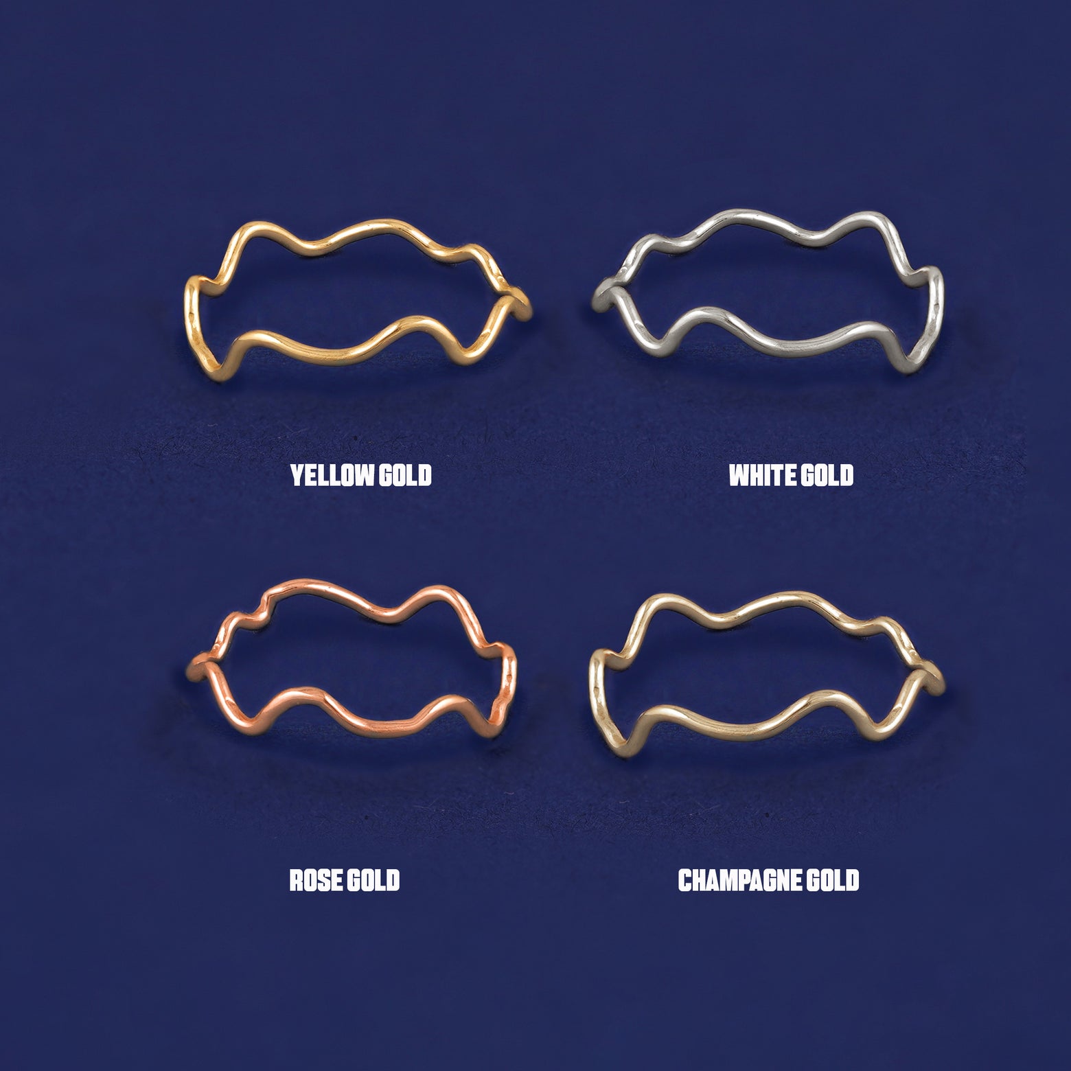 Four versions of the Wave Ring shown in options of yellow, white, rose and champagne gold