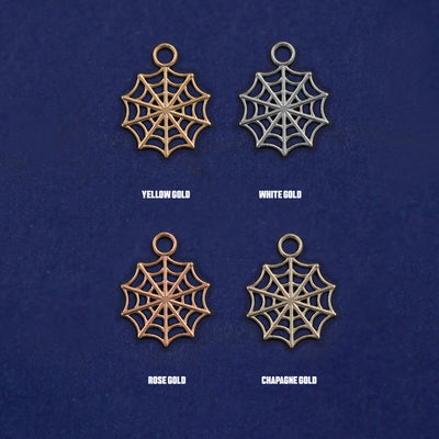 Four versions of the Spider Web Charm shown in options of yellow, white, rose and champagne gold