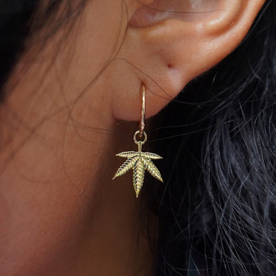 Close up view of a model's ear wearing a yellow gold Pot Leaf Charm on a Seamless Huggie Hoop