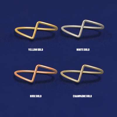 Four versions of the Zig Zag Ring shown in options of yellow, white, rose and champagne gold